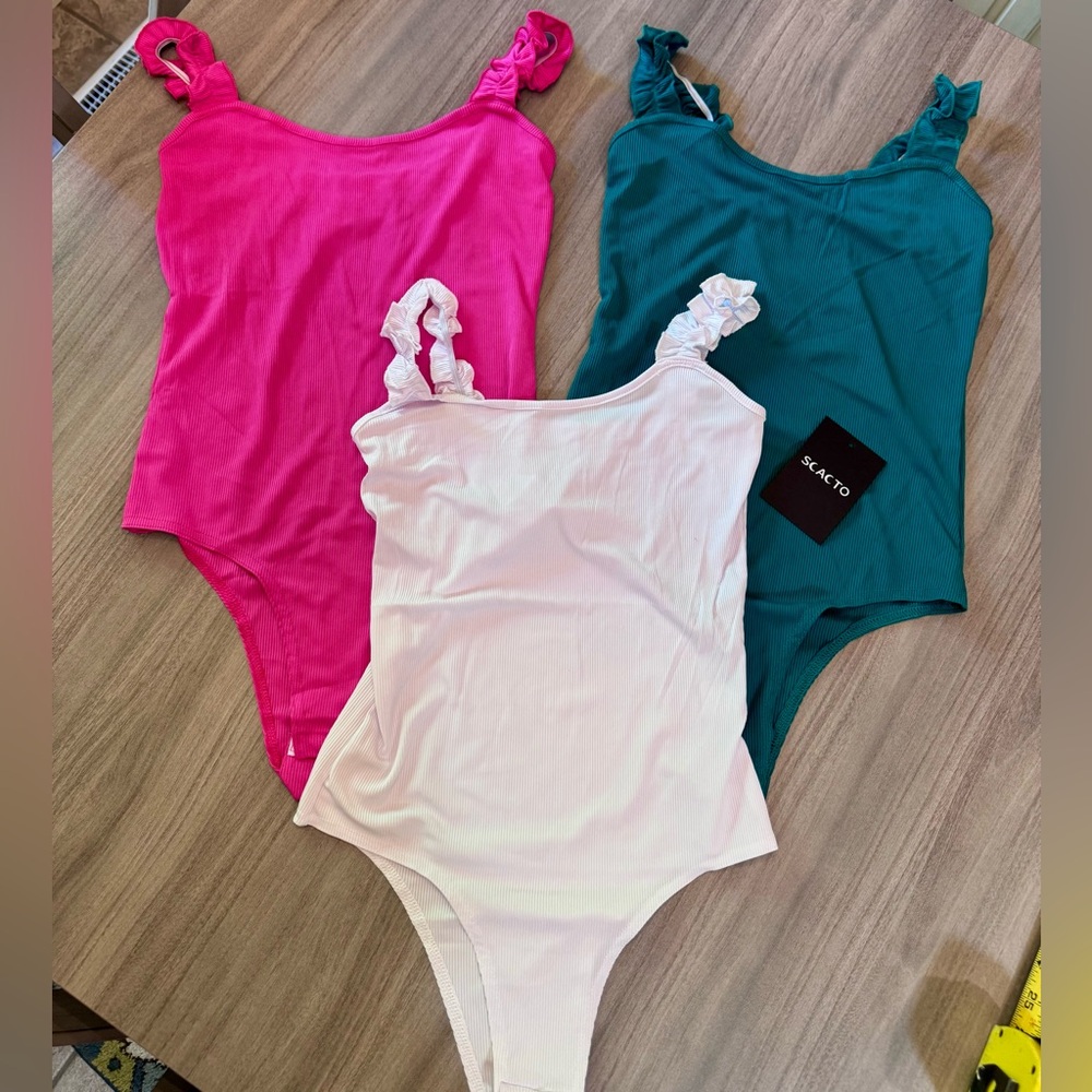 Women's Ruffled Strap Bodysuit - Pink, Teal, and White